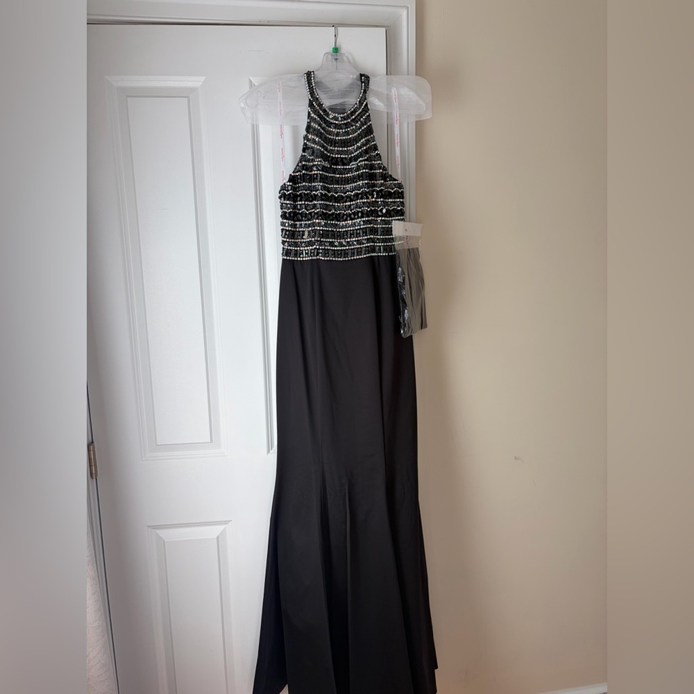 Black Beaded Halter Prom Gown